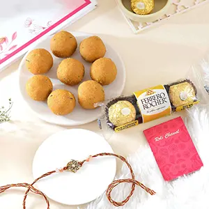 Hexagon Floral Rakhi with Besan Laddu and Ferrero Rocher 3