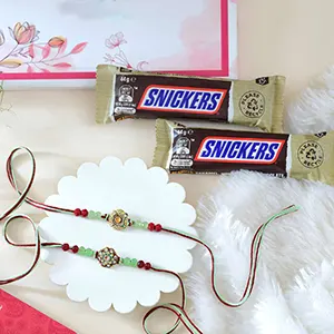 Set of 2 Green Traditional Floral Rakhi with Snickers-Rakhi with Chocolates to Australia