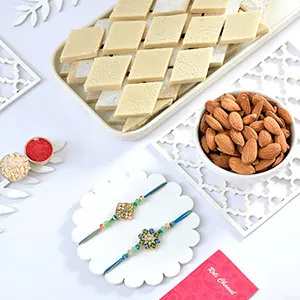 Set of 2 Blue Floral Rakhi with Kaju Katli and Almonds