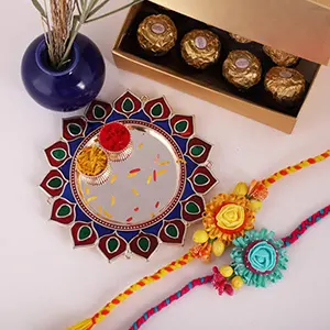 Red-Yellow Rose Rakhis with Thali and Ferrero Rocher