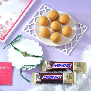 Luxury Metallic Rakhi Gift Combo with Besan Laddoo & Snickers