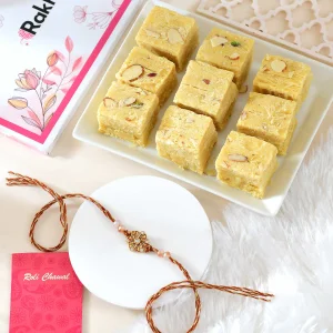 Floral Shaped Rakhi Gift Combo with Soan Papdi