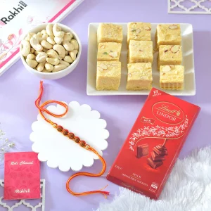 Five Rudraksha Rakhi Gift Combo with Gourmet Hamper