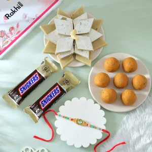 Golden Rakhi Gift Combo with Besan Laddu, Kaju Katli and Chocolates