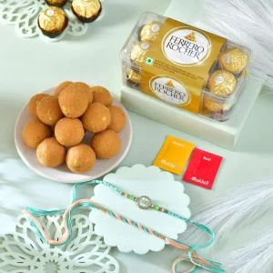 Premium Designer Rakhi Set with Besan Laddoo & Ferrero Rocher