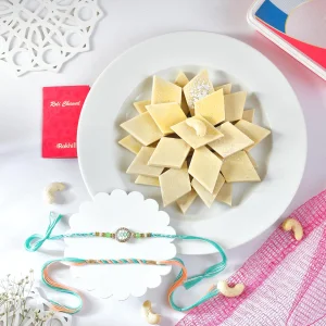 Turquoise Rakhi Set Gift Combo with Kaju Katli