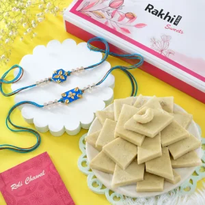 Royal Blue Premium Designer Rakhi Gift Combo with Kaju Katli