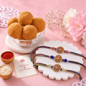 Premium Designer Triplex Rakhi and Besan Ladoo Gift