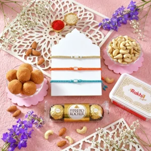 Premium Trio Rakhi Delight Hamper with Ferrero, Besan Laddoo & Cashews