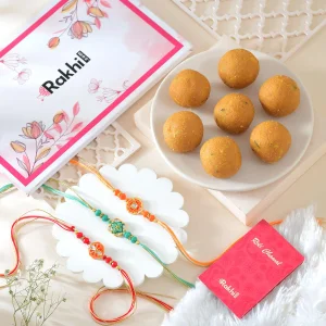 Pack of 3 Floral Shape Rakhi Gift Combo with Besan Laddoo