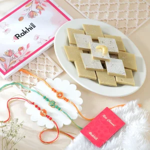 Premium Vibrant Meenakari Rakhi Set with Kaju Katli