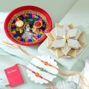 Premium Vibrant Meenakari Rakhi Set with Kaju Katli & Pooja Thali