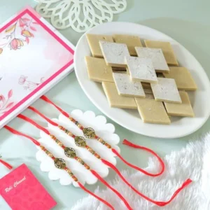 Pack of 4 Om Rakhis Gift Combo with Kaju Katli