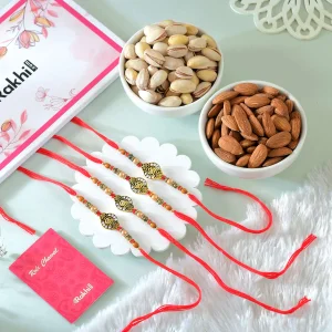 Pack of 4 Om Rakhis Gift Combo with Dryfruits