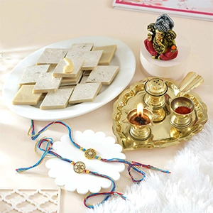 Divine Duo Rakhi Hamper with Kaju Katli & Pooja Thali