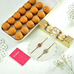 Set of Two Rakhi With Besan Laddoo & Ferrero