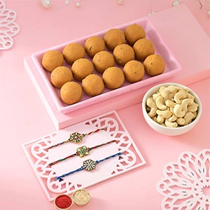 Set of Three Rakhi With Laddoo & Cashew