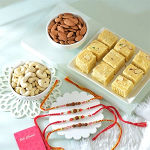 Four Set Rudraksha Rakhi with Soan Papdi & Dryfruits