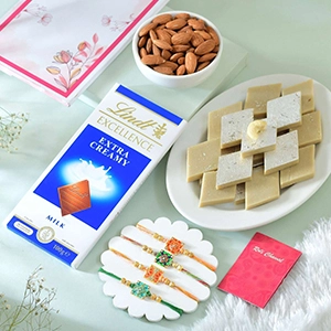 Set of Four Alluring Rakhi with Gourmet Hamper