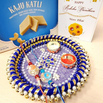 Sequins Rakhi Pair, Thali & Kaju Katli
