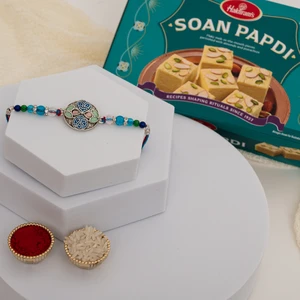 Antique Meenakari Silver Rakhi with Soan Papdi