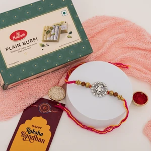 Silver Ganesha Rakhi with Plain Burfi Gift Box
