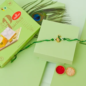 Traditional Peacock Rakhi with Pista Burfi