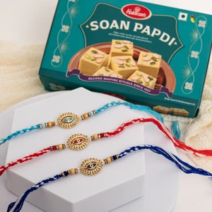 Elegant Evil Eye Rakhi with Soan Papdi Gift Pack-Set of 3 Rakhi to Canada