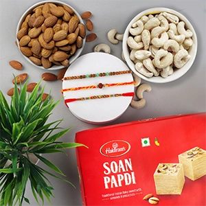Traditional 3 Rakhi Set with Sweet & Dry Fruits-Rakhi to Netherlands