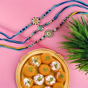 Blue Designer Set of 3 Rakhi with Motichoor