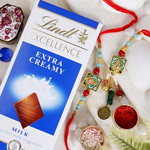 Sqaure Pendant Bhaiya Bhabhi Rakhi with Lindt Bar - Rakhi to Italy