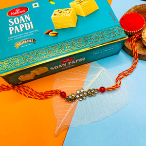 Red & Yellow Stone Rakhi With Soan Papdi - Rakhi with Sweets to USA