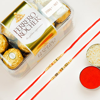 Set of 2 Golden Beads Rakhis And Ferrero Rocher