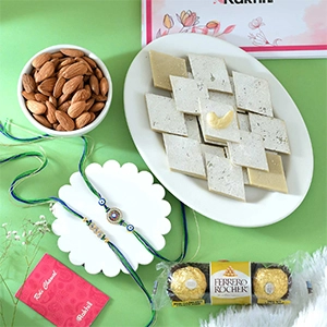Set of 2 Enchanting Rakhi with Gourmet Hamper