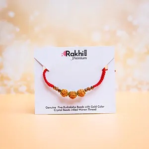 Premium Five Rudraksha Beads with Gold color Crystal Beads in Red Woven Thread-Rakhi to New Zealand