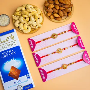 Set of 3 alluring Rakhi with Lindt Chocolate & Dryfruits