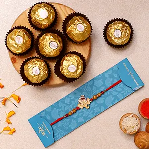 Long Trunk Bal Ganesha Kids Rakhi And 3 Pcs Ferrero Rocher - For Qatar