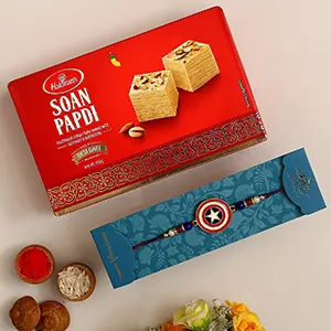 Superhero Captain America Rakhi For Kids With 250 Gms Soan Papdi Exp - For Qatar