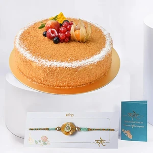 Delicious Honey Cake with Elegant Ethnic Rakhi Gift Set