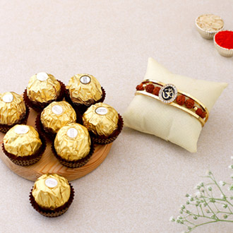Om And Rudraksha Bracelet Rakhi With 3 Pcs Ferrero Rocher