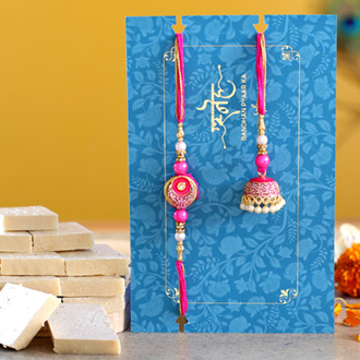 Meenakari Pearl Lumba Rakhi Set With Kaju Katli