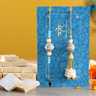 Blue Orb Pearl And Lumba Rakhi Set With Kaju Katli
