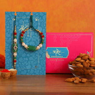 Green Pearl And Lumba Rakhi Set With Healthy Almonds