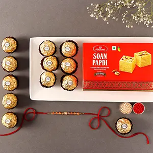 Rose Gold Rakhi With Soan Papdi & Ferrero Rocher - For Qatar