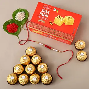 Pretty Rakhi With Soan Papdi & Ferrero Rocher - For Qatar