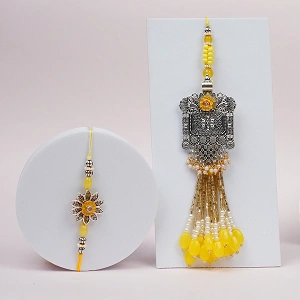 Yellow Kundan Bhaiya Bhabhi Lumba Rakhi Set with Roli Chawal