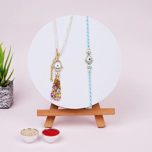 Stylish Blue Evil Eye Couple Rakhi Set for Bhaiya Bhabhi