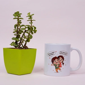 Lucky Jade Plant with Printed Ceramic Coffee Mug Gift Set