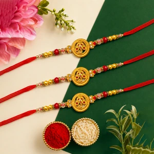 Golden Ganesha Blessing Rakhi Set of 3 with Roli Chawal