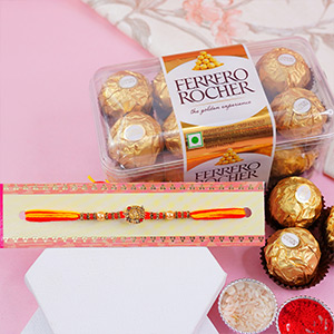 Attractive Golden Rakhi with Ferrero Rochers